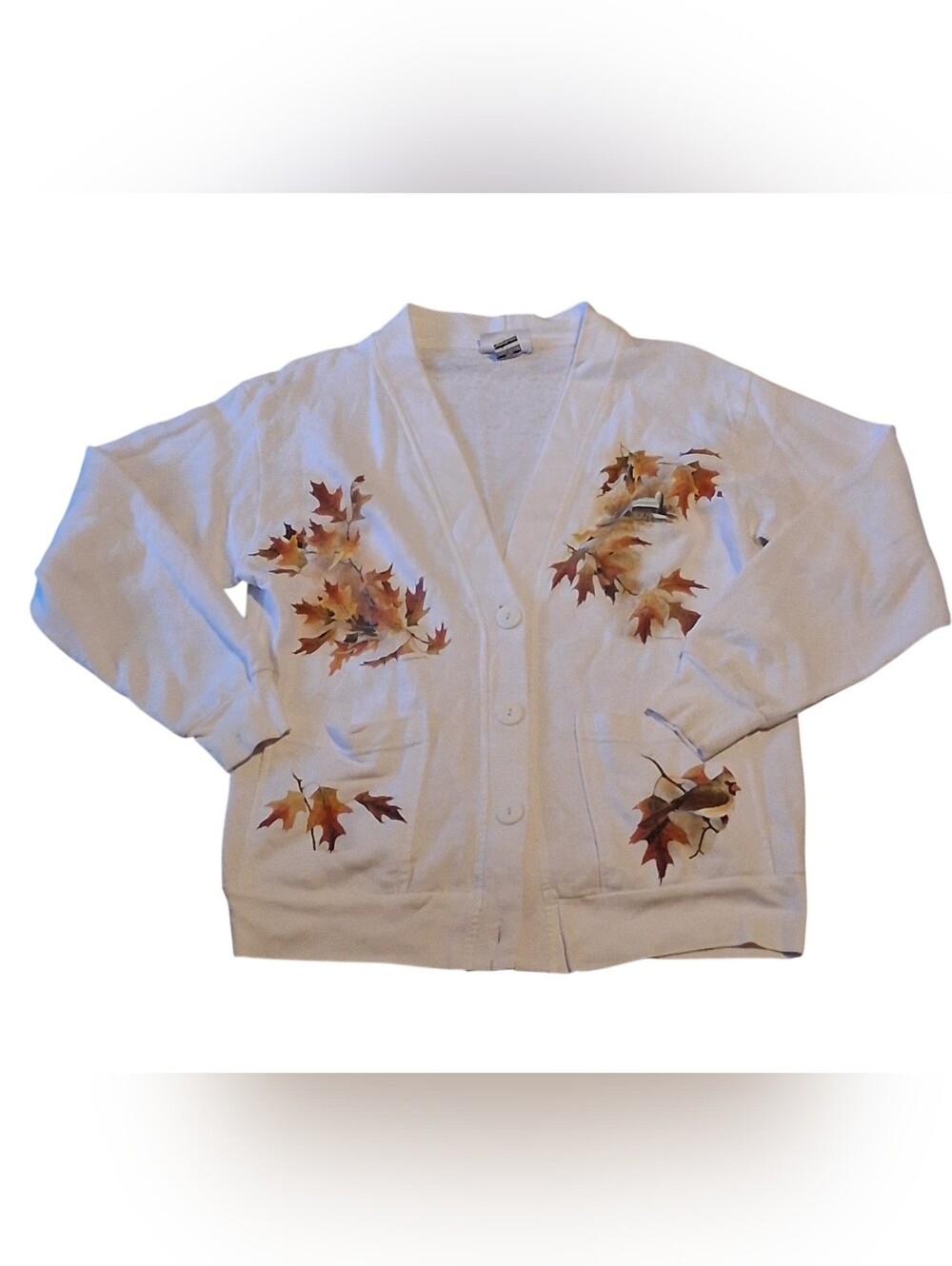 Women’s White Cardigan Sweater with Autumn Leaf Print